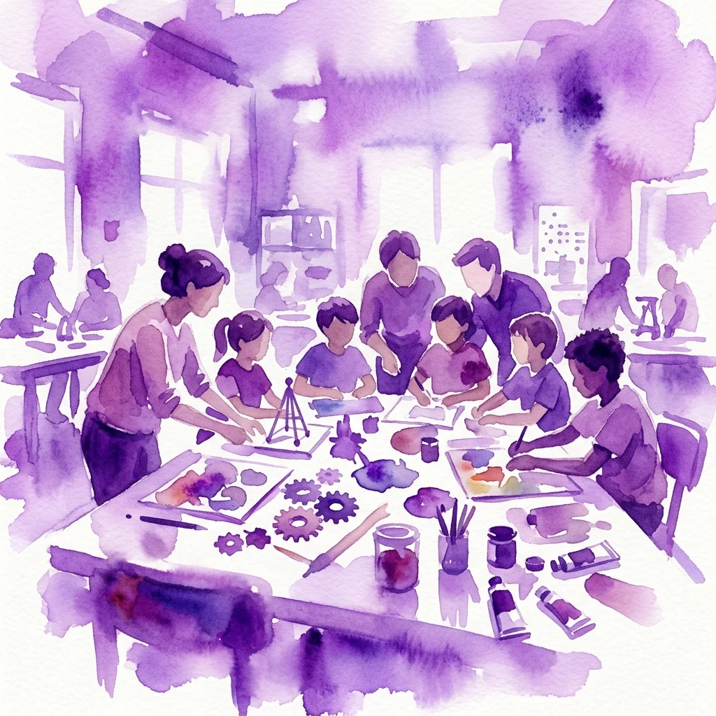 Watercolor illustration of a group of children and adults collaborating on creative projects at a workshop table, surrounded by art supplies and science-inspired materials like gears and models.