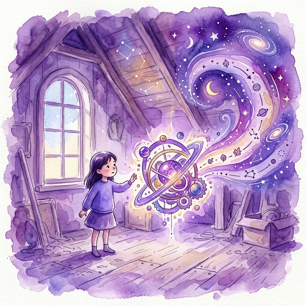 Una niña descubre una brillante máquina astronómica en un polvoriento desván, con patrones celestes y planetas arremolinándose a su alrededor, ilustrando la magia de las estaciones de la Tierra y la astronomía.