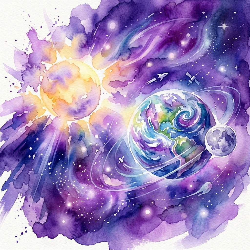 Watercolor illustration of Earth, Moon, and Sun with satellites and rockets, depicting astronomical phenomena like eclipses and space exploration.