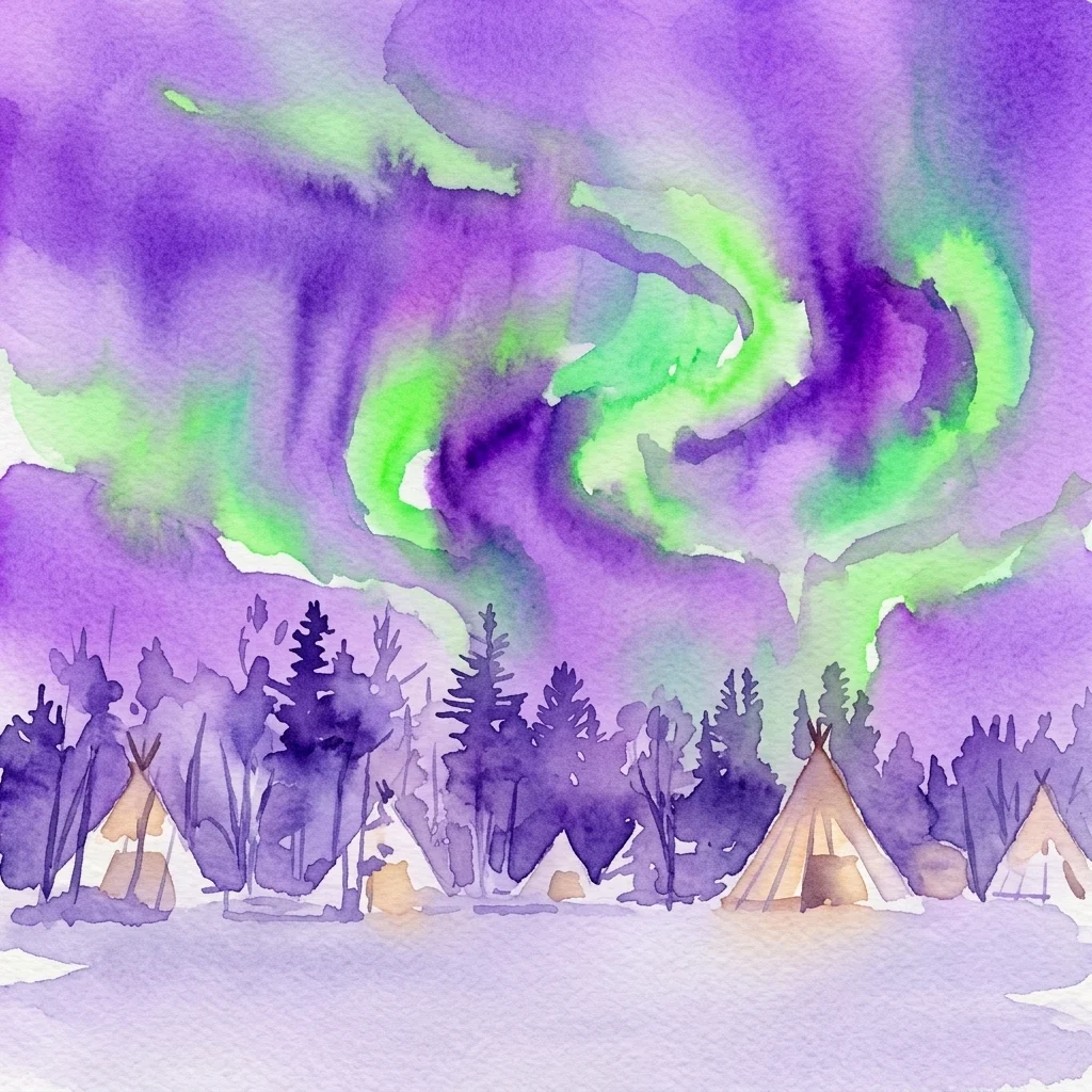 Una ilustración en acuarela de la aurora boreal con luces verdes y púrpuras arremolinadas sobre un paisaje nevado con tipis y árboles.