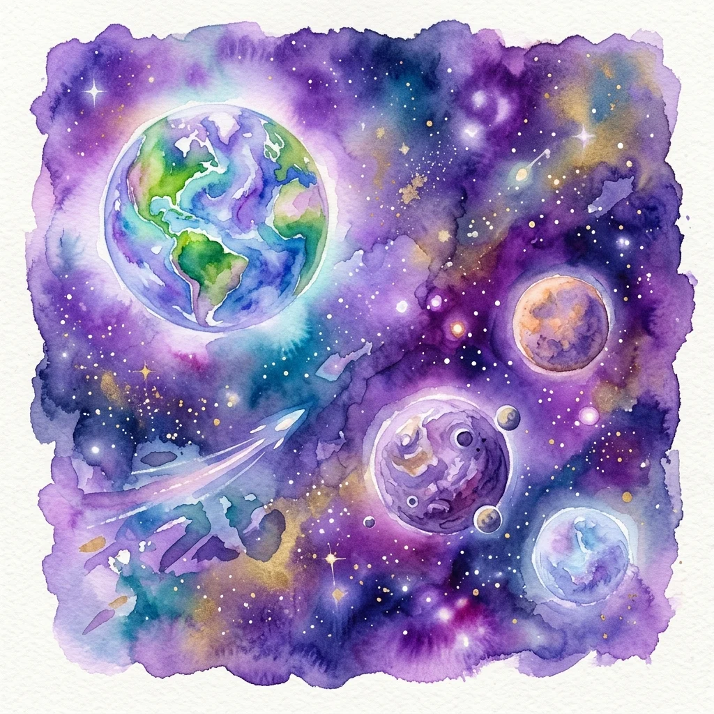 A watercolor illustration of Earth surrounded by alien planets, stars, and a rocket in space, representing the exhibition 'Żyjące światy' at the Copernicus Science Centre.