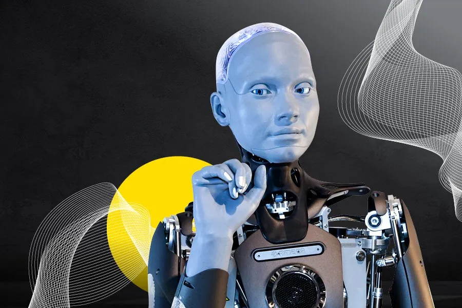 Humanoidalny robot z metalowym torsem i bladą głową na ciemnym tle z żółtymi i białymi elementami abstrakcyjnymi