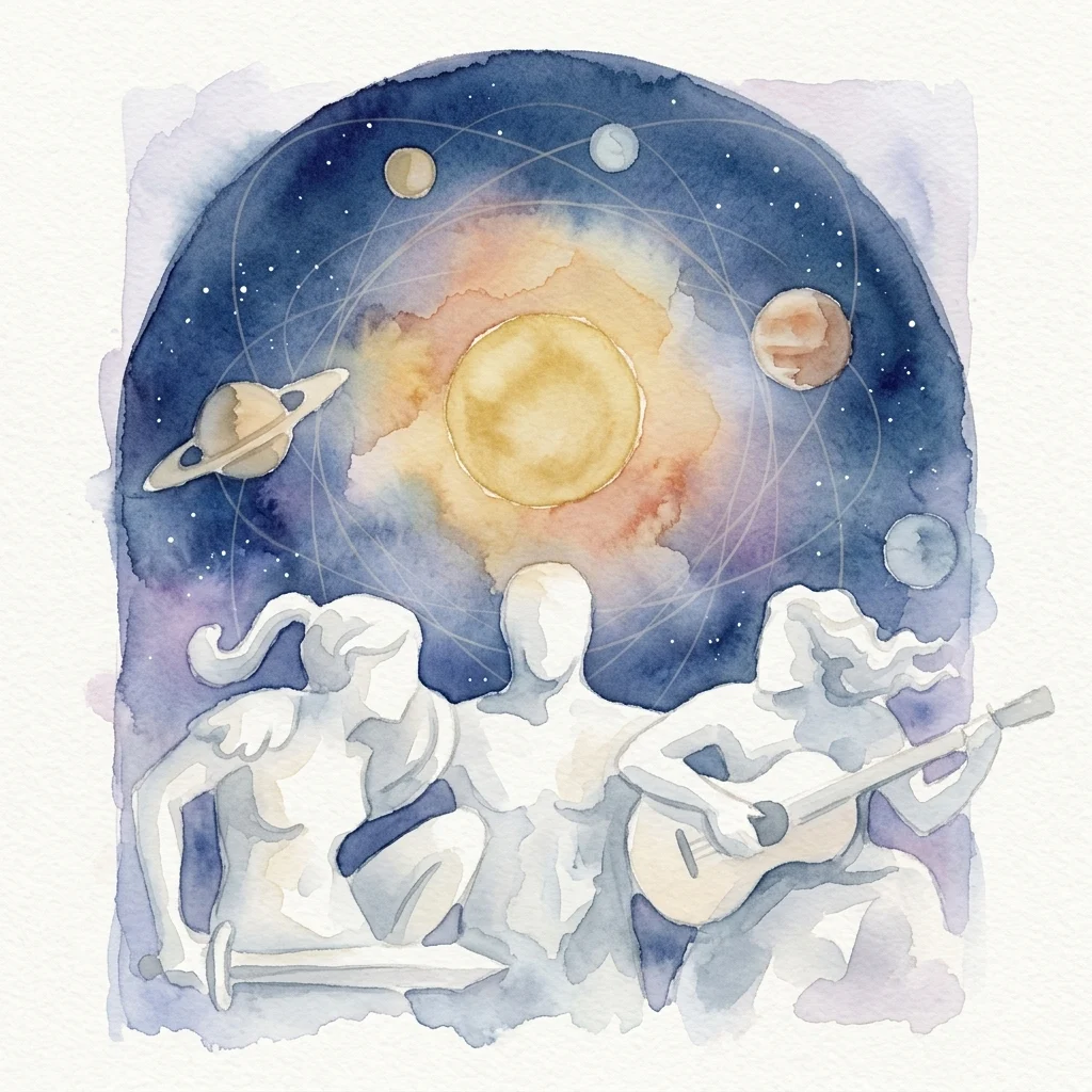 Aquarelillustratie van drie witte klassieke figuren onder een sterrenhemel met een gloeiende zon, planeten en orbitale lijnen.