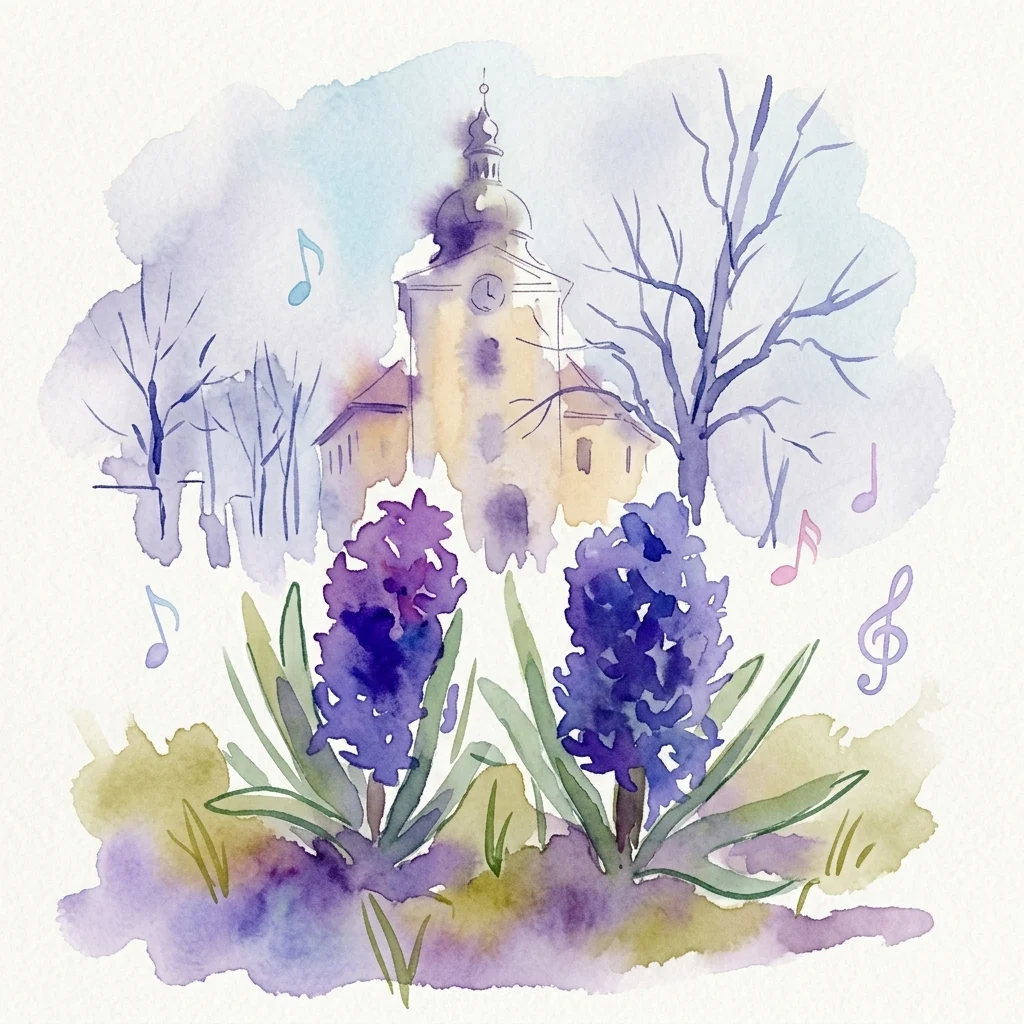 Waterverfillustratie van hyacinten op de voorgrond met een historisch kasteel en muzieknoten, die het Bloemencorso van Kasteel Ctěnice vertegenwoordigen.