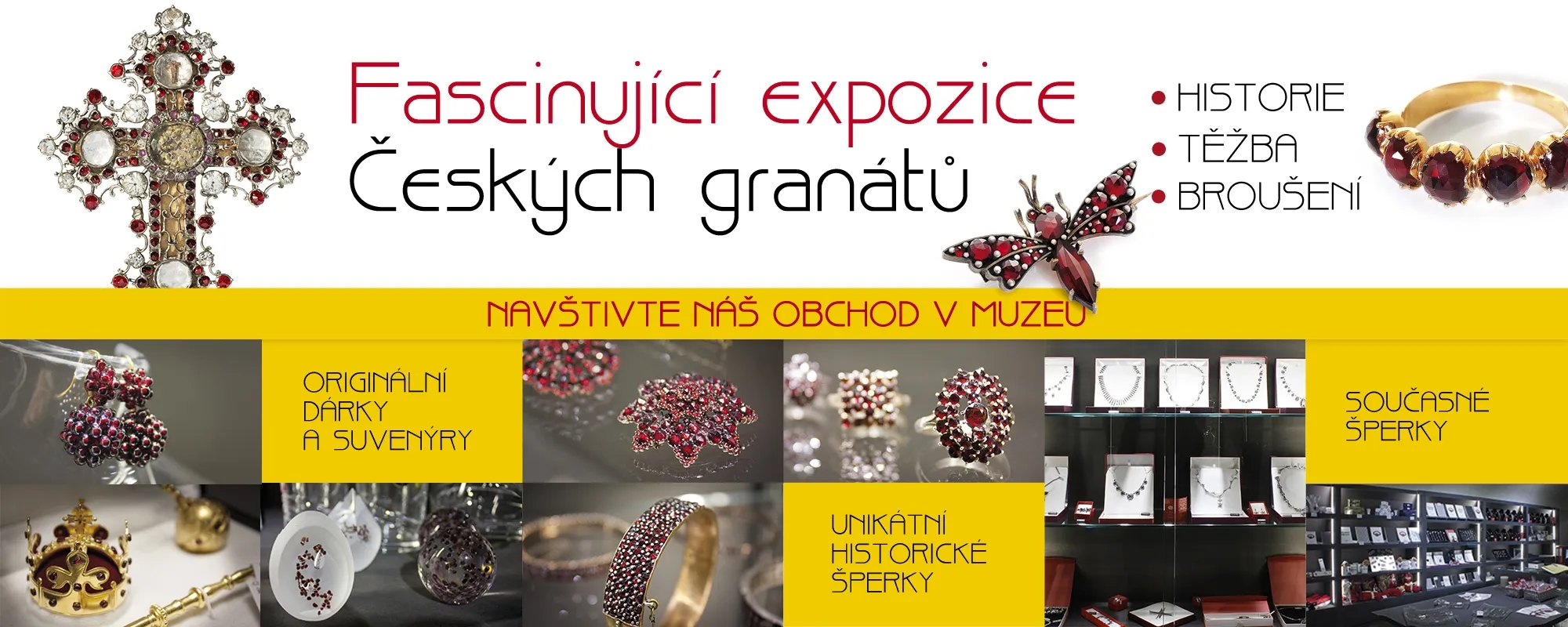 Baner Muzeum Czeskiego Granatu z biżuterią z granatów, sekcjami wystawowymi i ekspozycjami muzealnymi