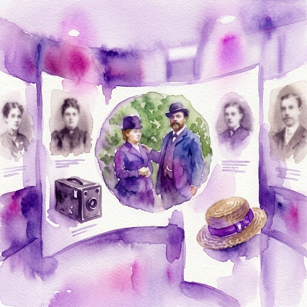 Ilustracja akwarelowa wystawy prezentującej historyczne fotografie Antonína Dvořáka, w tym centralny portret z żoną, zabytkowe aparaty fotograficzne i słomkowy kapelusz, na tle zabarwionym na fioletowo.