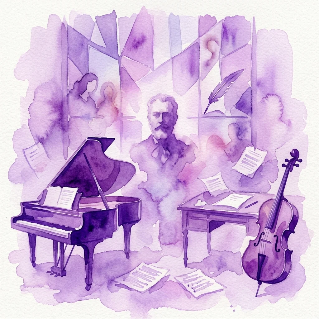 Ilustración en acuarela del estudio de un compositor con un piano de cola, violonchelo, partituras y un retrato de Bedřich Smetana, evocando una atmósfera histórica y artística.