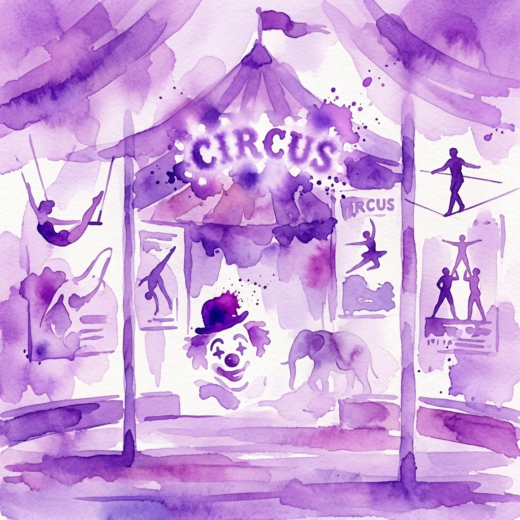 Fioletowa akwarelowa ilustracja sceny cyrkowej przedstawiająca klauna, akrobatów, słonia i namiot cyrkowy ze słowem 'CIRCUS' wyeksponowanym w centrum.