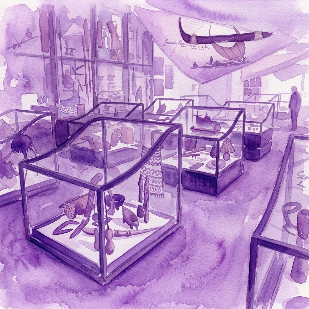Een aquarelillustratie van de tentoonstelling Cultures of Australia and Oceania, met vitrines met artefacten zoals boemerangs, speren en geweven textiel, en een traditionele kano die van het plafond hangt.