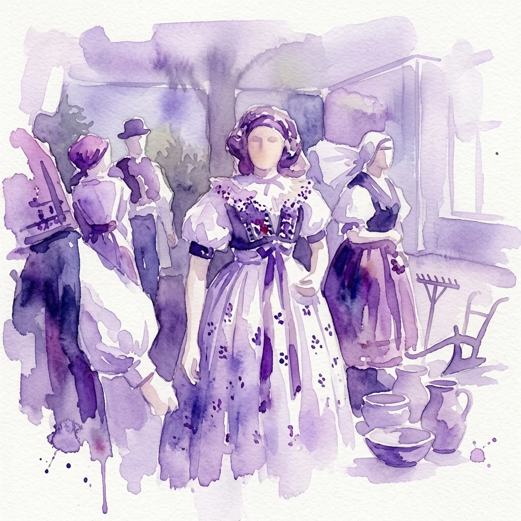 Waterverfillustratie van traditionele Tsjechische volkskostuums, aardewerk en landbouwwerktuigen, die het plattelandsleven en cultureel erfgoed uitbeelden.