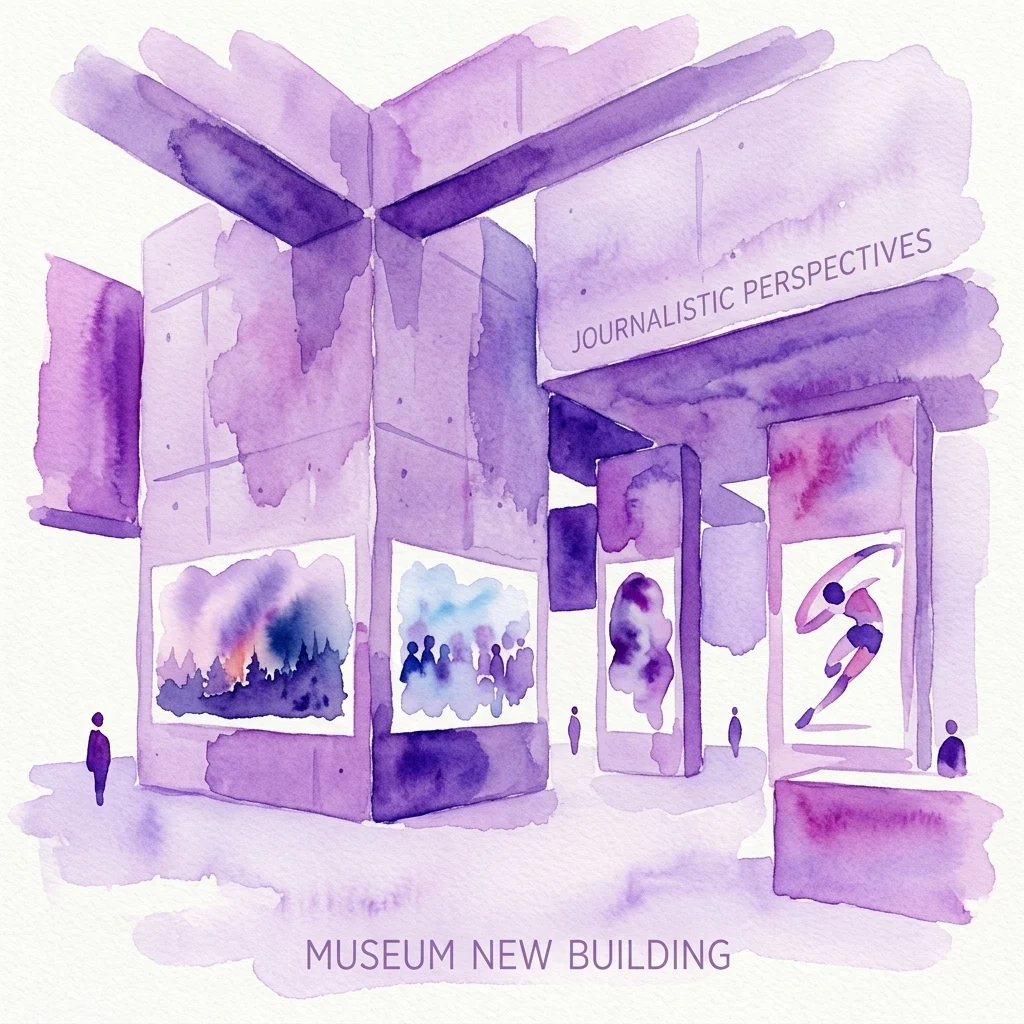 Watercolor illustration of the Museum New Building's Brutalist architecture, featuring large display windows with journalistic photographs and the text 'Journalistic Perspectives' on the facade.