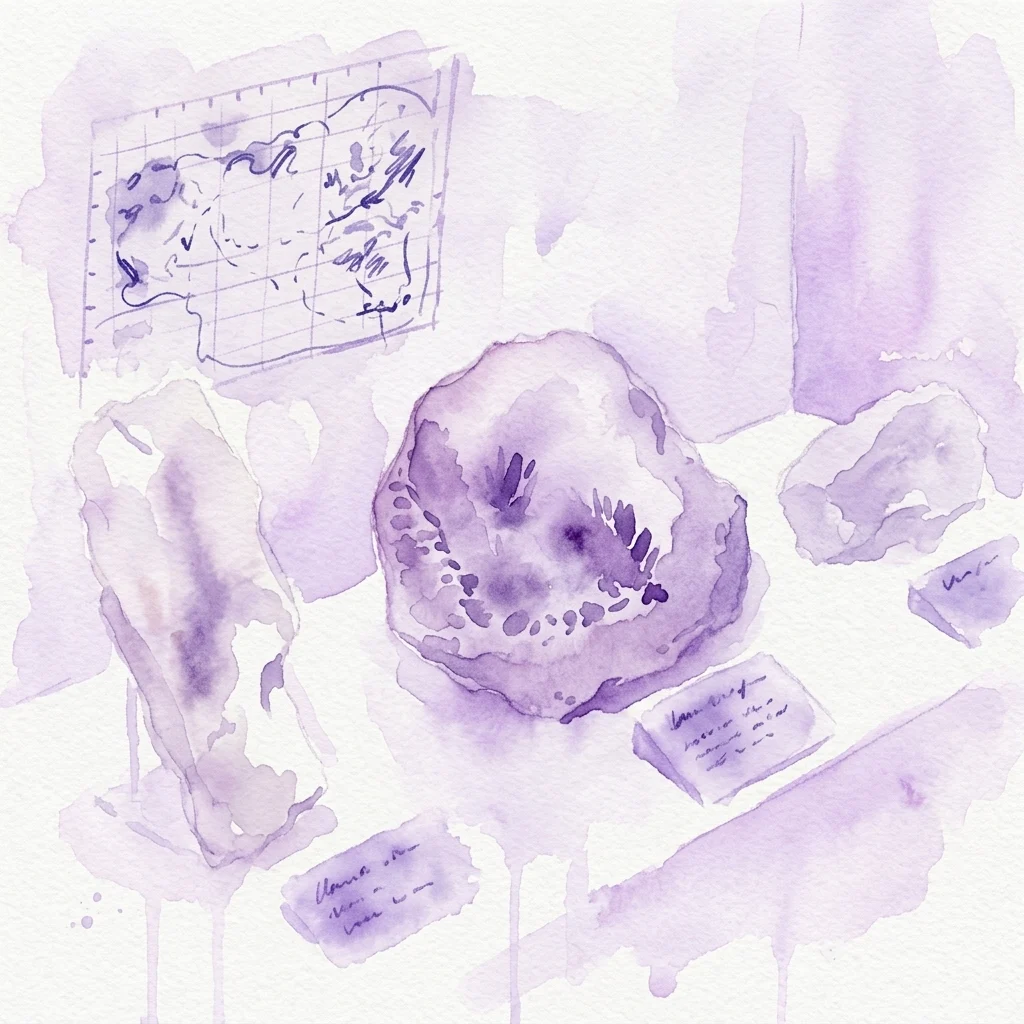 Ilustracja akwarelowa gabloty muzealnej z okazami geologicznymi i mapą, przedstawiająca kolekcję wyprawową Muzeum Narodowego.