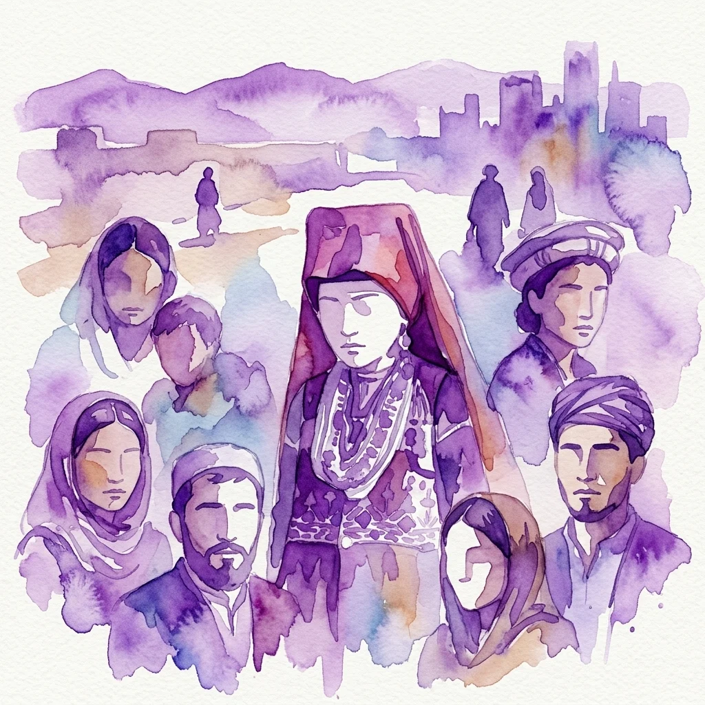 Ilustración en acuarela de diversos individuos de Oriente, con atuendos y tocados tradicionales, ambientada en paisajes urbanos y desérticos en tonos púrpuras.