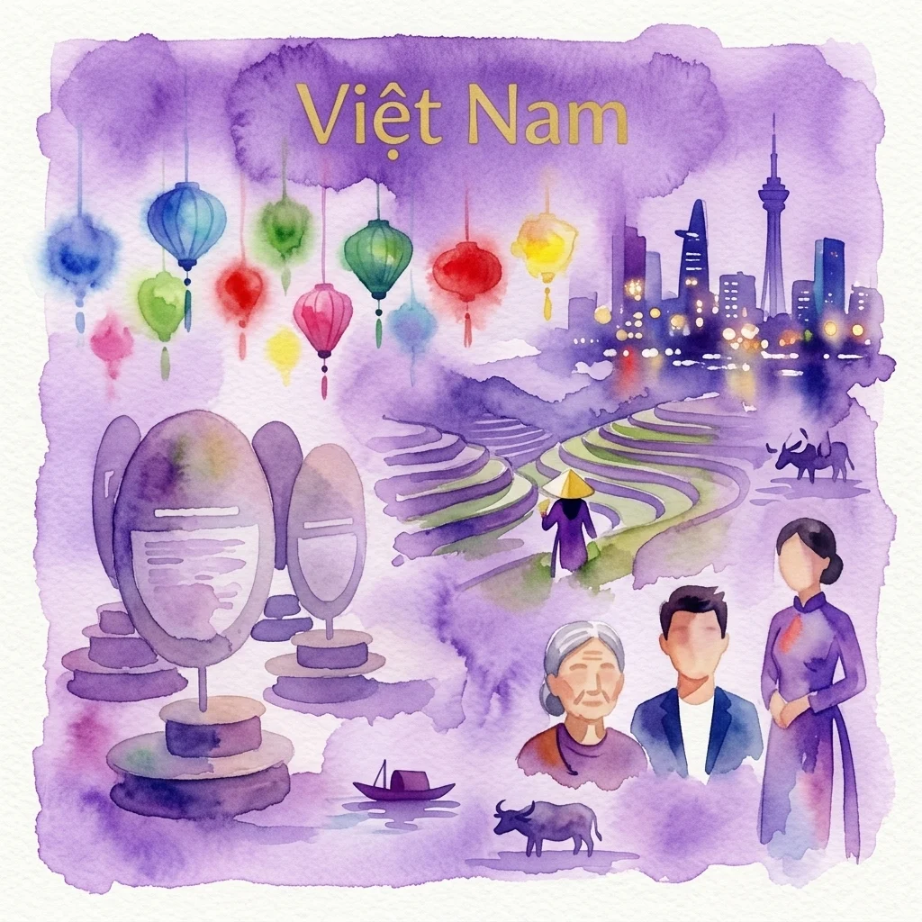 Ilustración en acuarela de Vietnam con arrozales tradicionales, sombreros cónicos y farolillos junto a paisajes urbanos modernos y personas con atuendos tradicionales y contemporáneos, con el texto 'Việt Nam' en la parte superior.