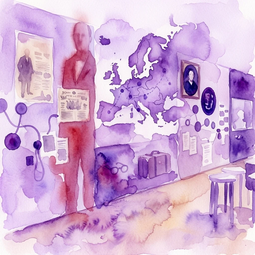 Waterverfillustratie van een tentoonstellingsruimte met een grote kaart van 19e-eeuws Europa, kranten uit die tijd, persoonlijke artefacten zoals een reiskoffer en een bril, en portretten van František Palacký, allemaal in een academische, paars getinte omgeving.