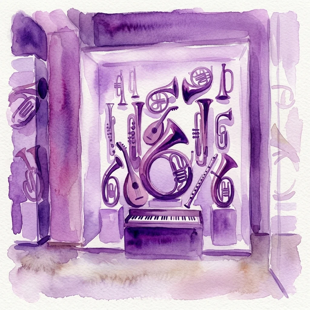 Een aquarelillustratie van een museumopstelling met diverse muziekinstrumenten, waaronder koper-, snaar- en toetsinstrumenten, in een paars gethematiseerde tentoonstelling.