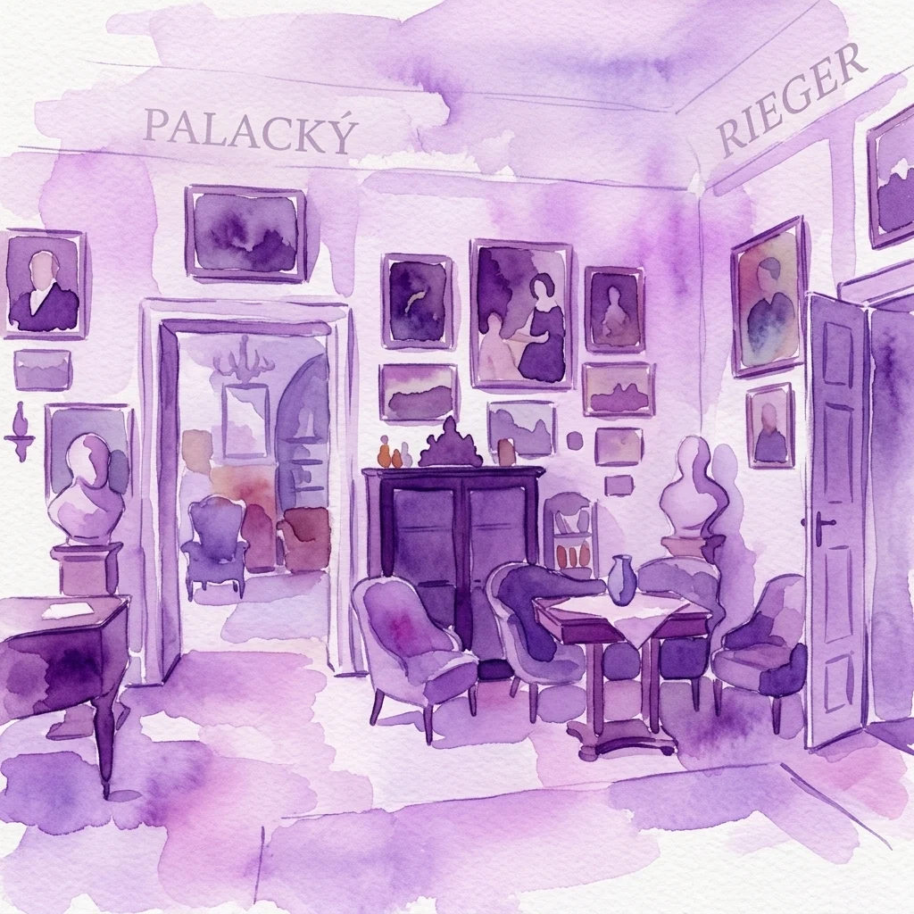 Ilustracja akwarelowa XIX-wiecznego wnętrza, przedstawiająca zachowany gabinet i salon z meblami z epoki, regałami na książki oraz portretami Františka Palackého i Františka Ladislava Riegra, przywołująca ich dziedzictwo intelektualne.