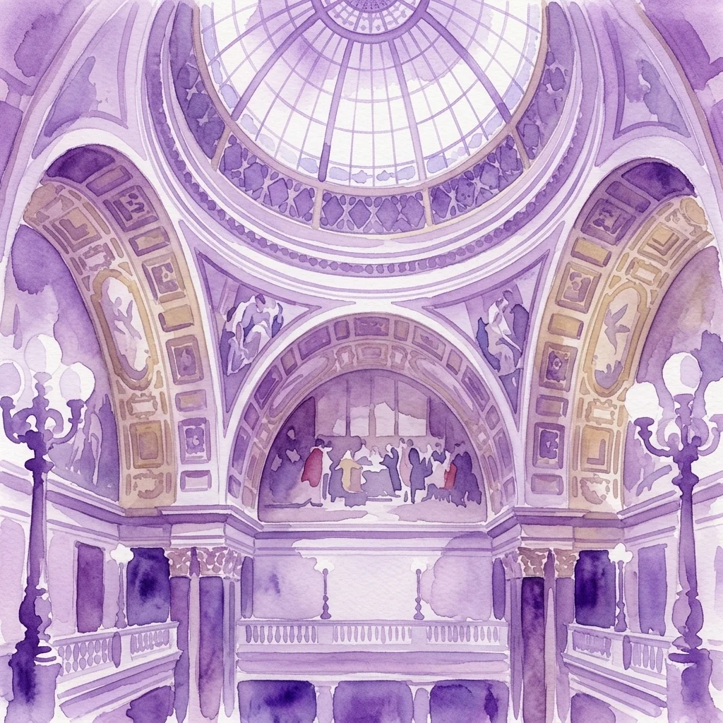 Waterverfillustratie van het Panthéon van het Nationaal Museum, met de weergave van het grote koepelvormige plafond, sierlijke bogen, klassieke sculpturen en de ceremoniële zaal met portretten van Tsjechische culturele figuren.