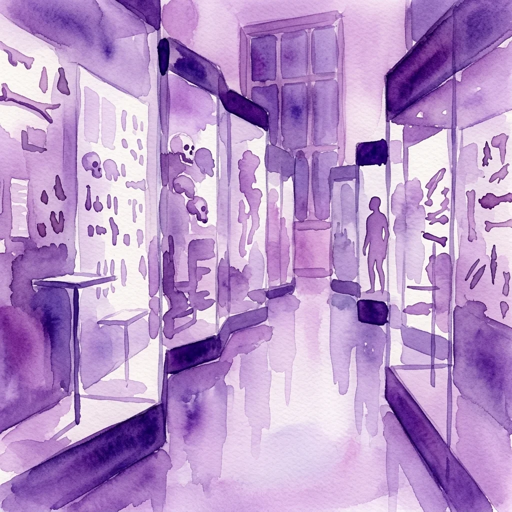 Een paarse aquarelillustratie van een museumgalerij met displays van oude hominidenfossielen, hyperrealistische menselijke sculpturen en prehistorische artefacten in vitrines.