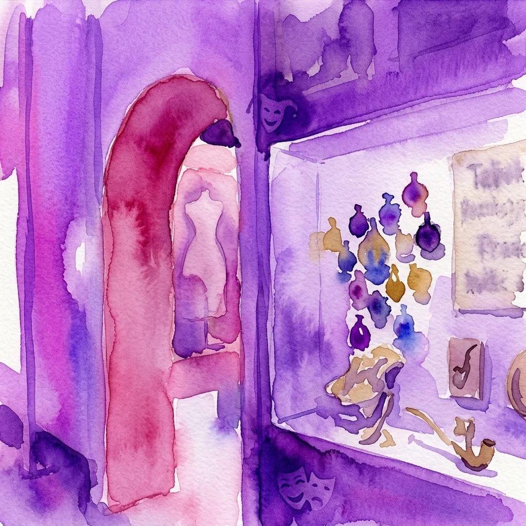 Ilustracja akwarelowa wystawy w galerii muzealnej przedstawiająca historyczne artefakty, takie jak fajki, butelki i maski teatralne, przywołująca tematykę przyjemności i rozpusty.