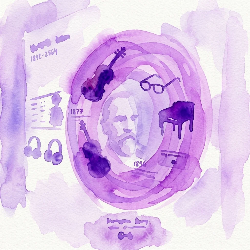 Waterverfillustratie van de levensreis van Antonín Dvořák, met zijn portret omringd door een altviool, bril, piano en koptelefoon, met de sleuteldata 1842-1904 en 1877, 1894, die zijn reizen en muzikale nalatenschap symboliseren.