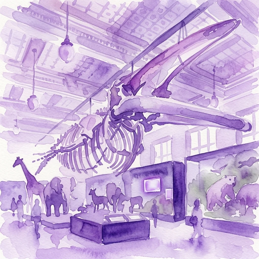 Een aquarelillustratie van een museumtentoonstellingshal met een groot finwal-skelet dat uit het plafond hangt, omringd door dierenskeletten en modellen, met bezoekers die interactieve displays verkennen.