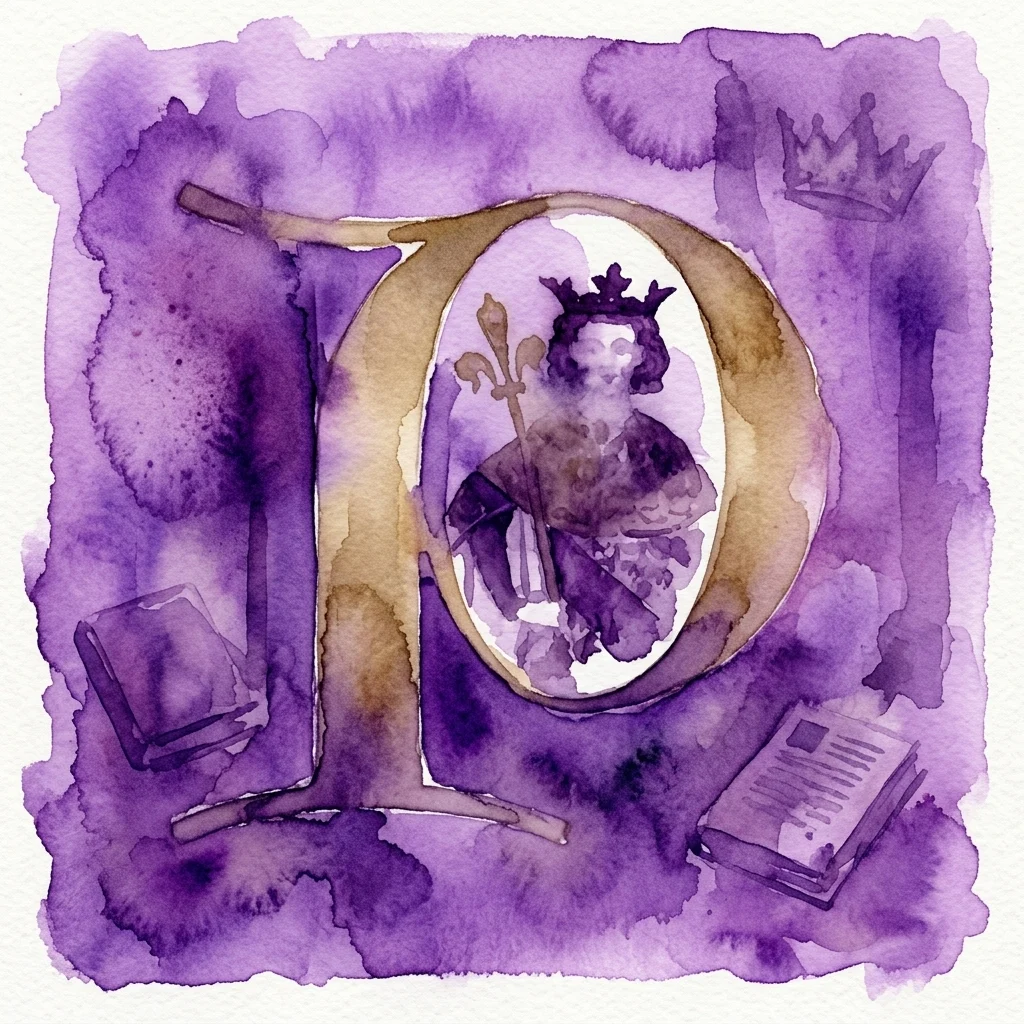 Ilustracja akwarelowa dużej ozdobnej litery „D” z postacią w koronie trzymającą berło, otoczonej książkami i koroną, w odcieniach fioletu i złota.