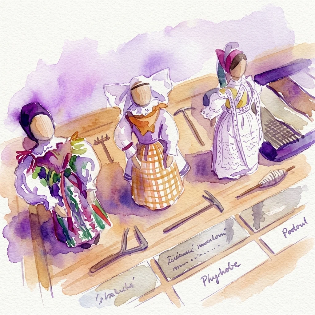 Ilustración en acuarela de trajes y herramientas tradicionales checas expuestos, que incluyen muñecas de madera con atuendo regional y artefactos etiquetados, representando la exposición 'Cultura Popular Tradicional a través del Tacto'.