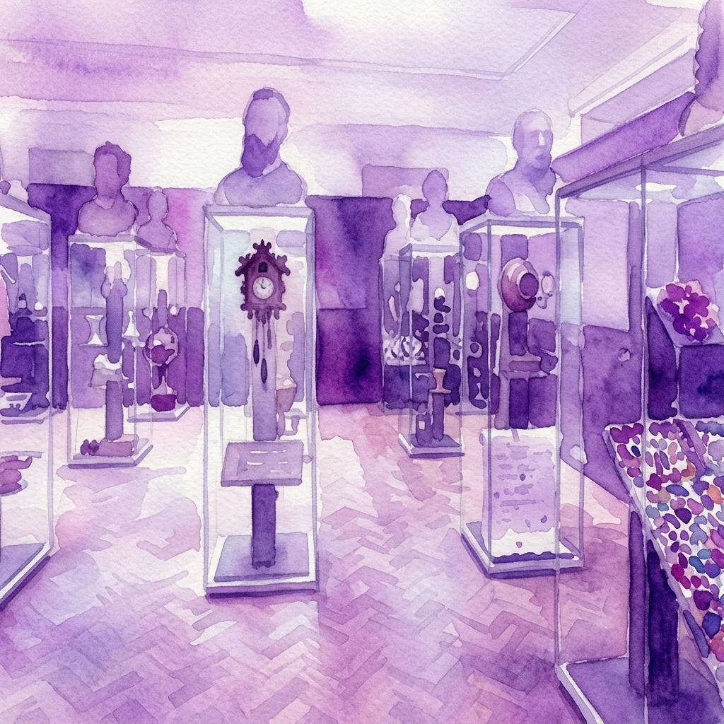Waterverfillustratie van een museumgalerij met glazen vitrines met historische artefacten, waaronder een klok, bustes en etnografische voorwerpen, ter herdenking van de 200e verjaardag van Vojta Náprstek.