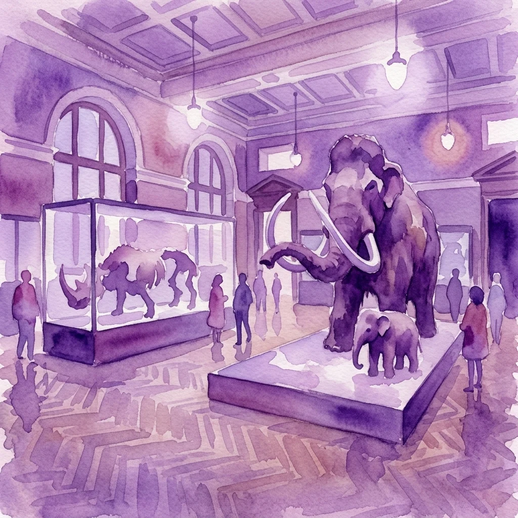 Waterverfillustratie van een museumtentoonstellingshal met levensgrote modellen van een mammoet en een babymammoet, terwijl bezoekers fossielen in vitrines bekijken.