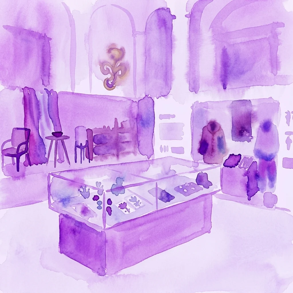 Una ilustración en acuarela de un espacio de exposición de museo con vitrinas que contienen objetos de arte popular, muebles y textiles, evocando el diseño de mediados del siglo XX de las tiendas ÚLUV 'Krásná jizba'.