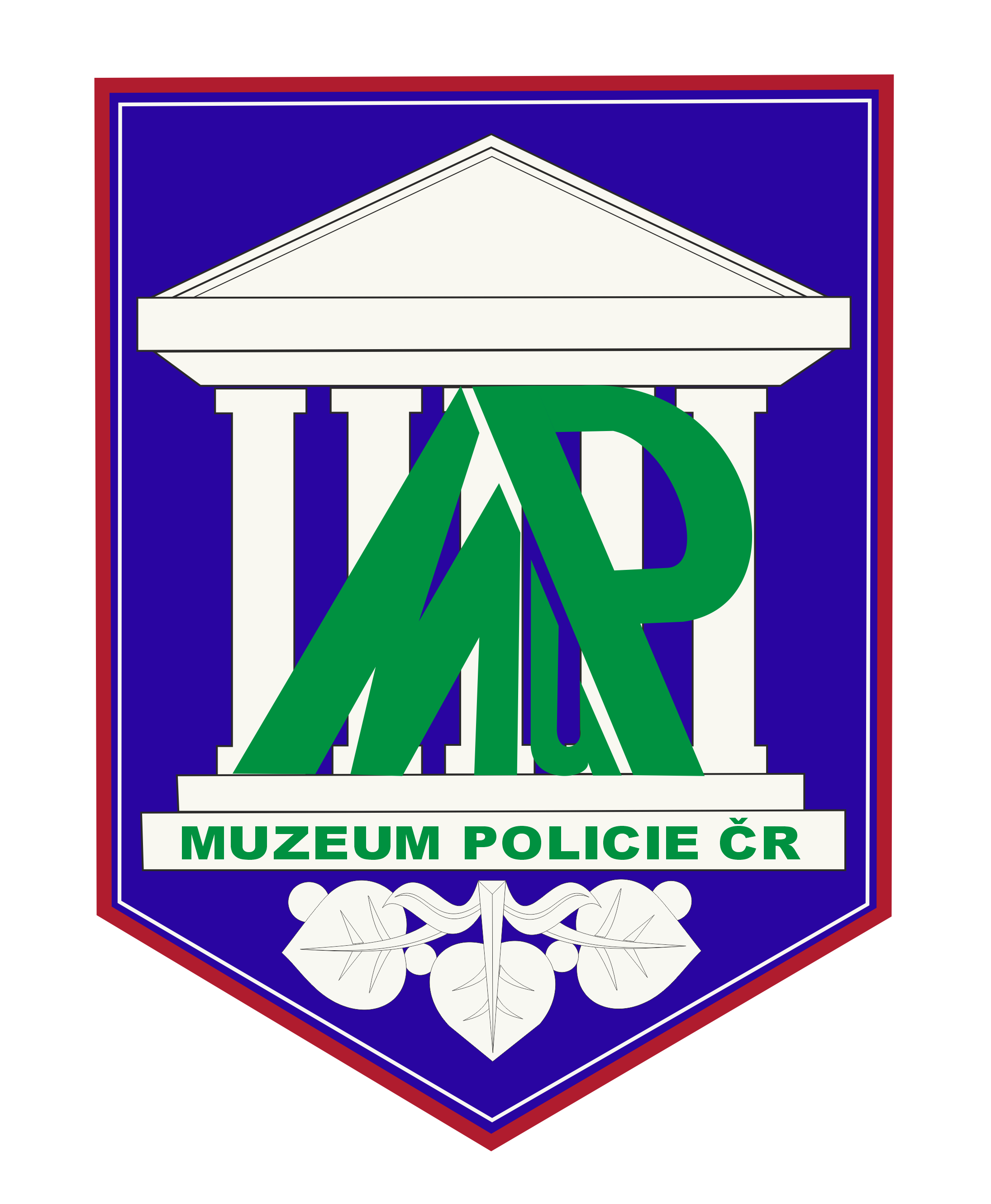 A shield-shaped logo with a blue background, white columns and pediment, green 'MP' letters, and the text 'MUZEUM POLICIE ČR' in green.