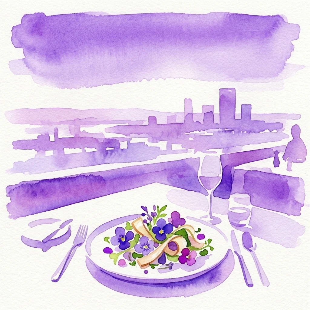 Una ilustración en acuarela de un plato de primavera con flores comestibles y verduras frescas, sobre una mesa con vistas a un horizonte urbano de tono púrpura desde un punto de vista elevado.