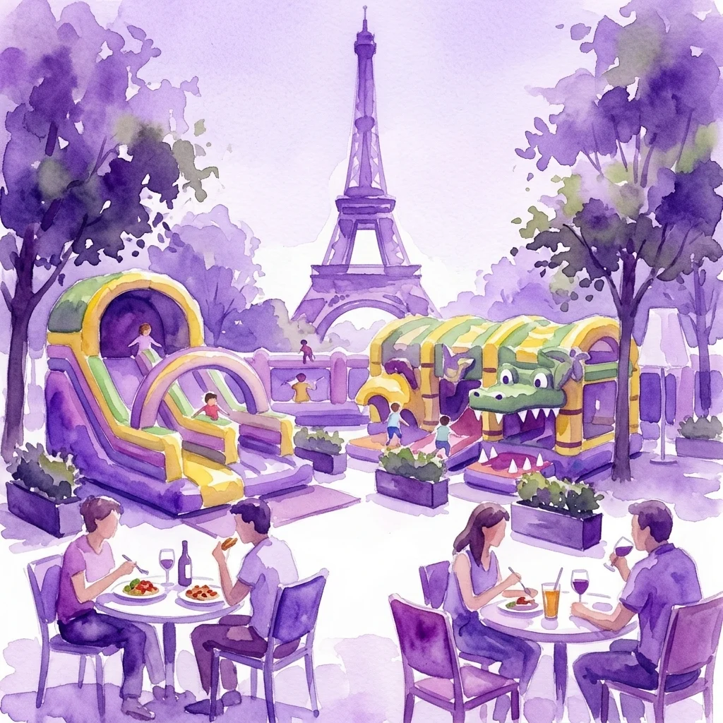 Una escena de jardín al aire libre con gente cenando en mesas y niños jugando en castillos hinchables, con el telón de fondo de una torre alta que se asemeja a la Torre Eiffel bajo un cielo soleado.