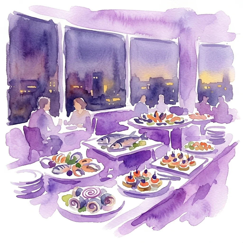 Una ilustración en acuarela de un festivo buffet de arenques en el Turm Café, que presenta un elegante comedor con vistas panorámicas de la ciudad al anochecer, mostrando varios platos de pescado y aperitivos.