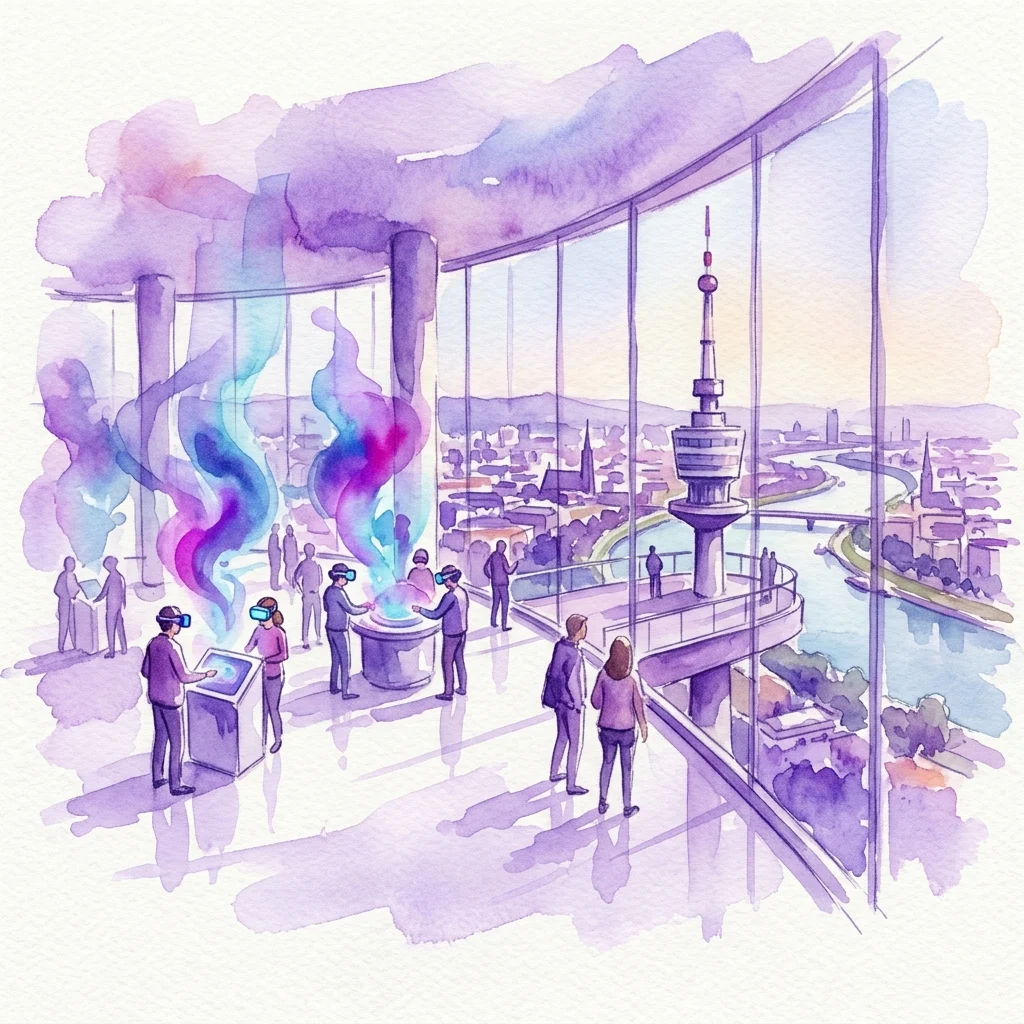 Una ilustración artística en acuarela del Immersive Center Donauturm, que muestra a visitantes usando cascos de RV en un moderno espacio de exposición con vistas panorámicas de Viena y la Torre del Danubio.