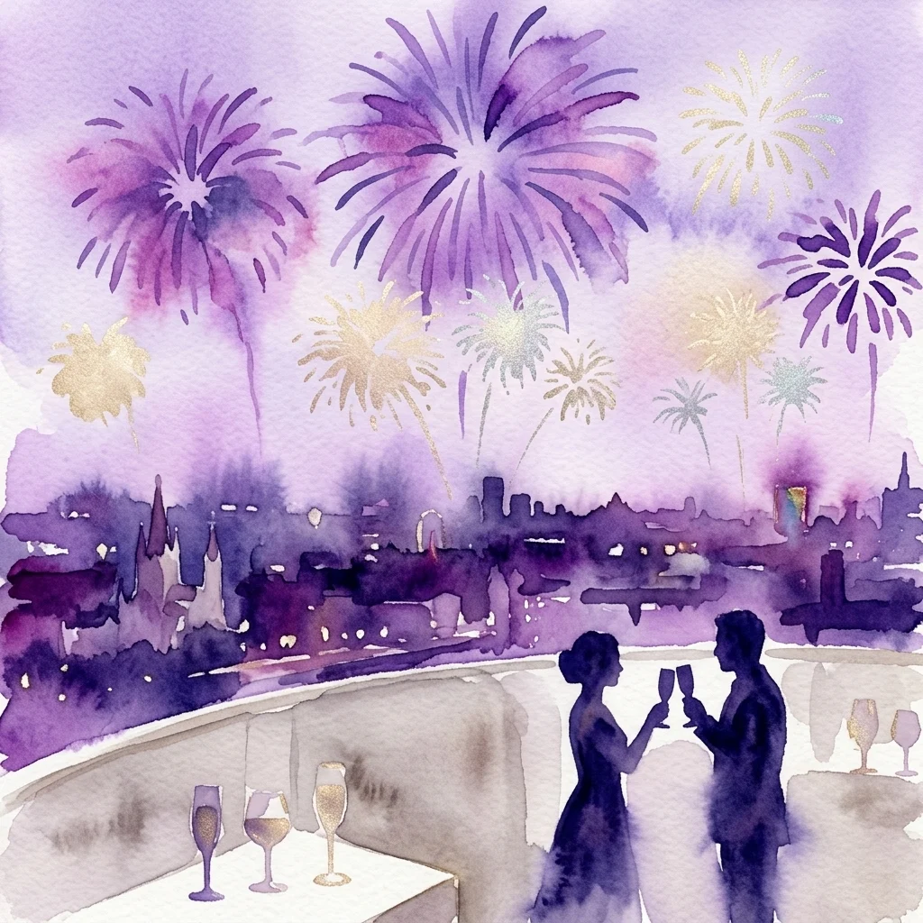 Una ilustración en acuarela de una pareja brindando con copas de champán en una terraza con vistas al perfil de una ciudad por la noche, con fuegos artificiales morados y dorados estallando en el cielo sobre Viena.
