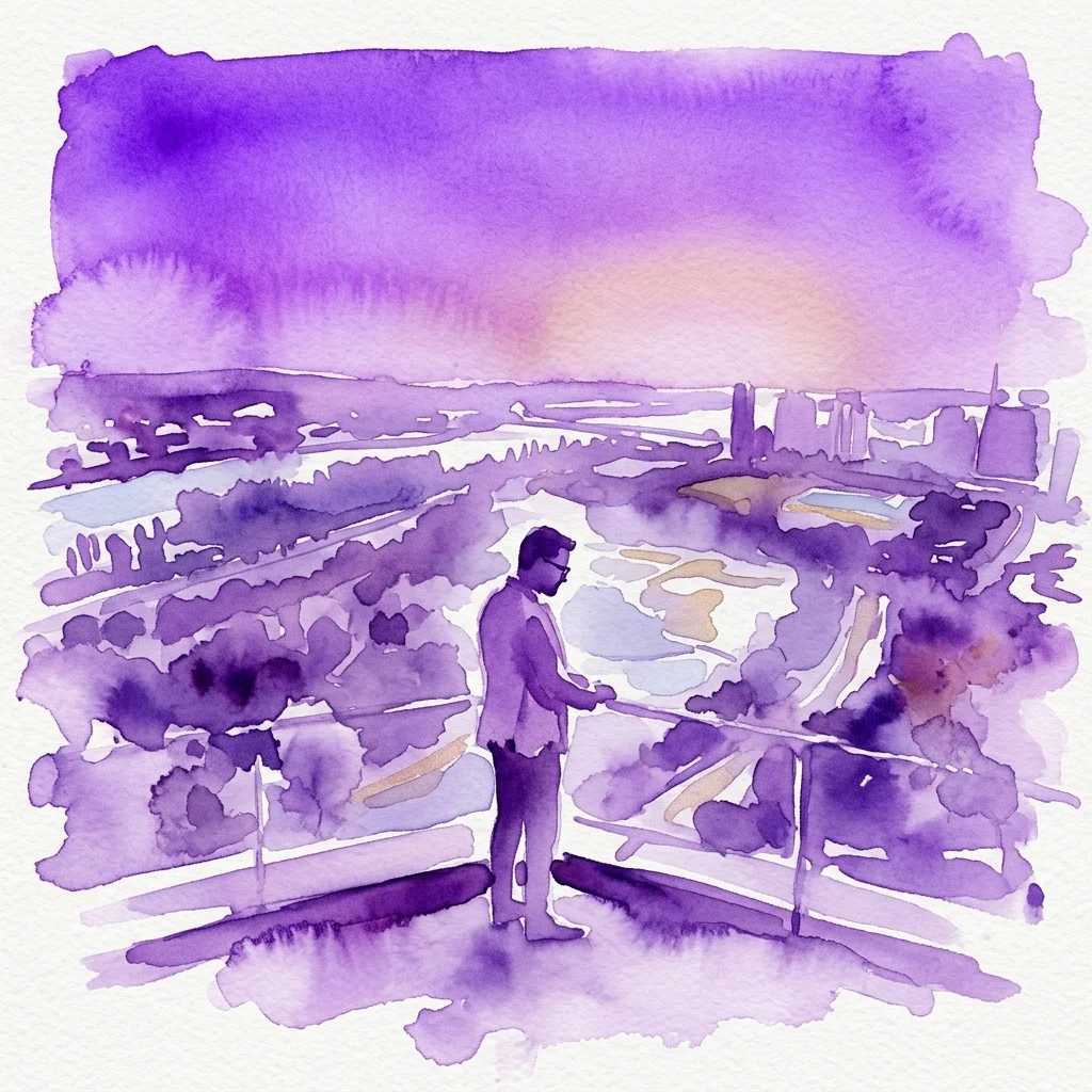 Una persona de pie en una cubierta de observación alta al atardecer, contemplando el horizonte de una ciudad en una ilustración de acuarela púrpura, simbolizando la superación del miedo a las alturas.