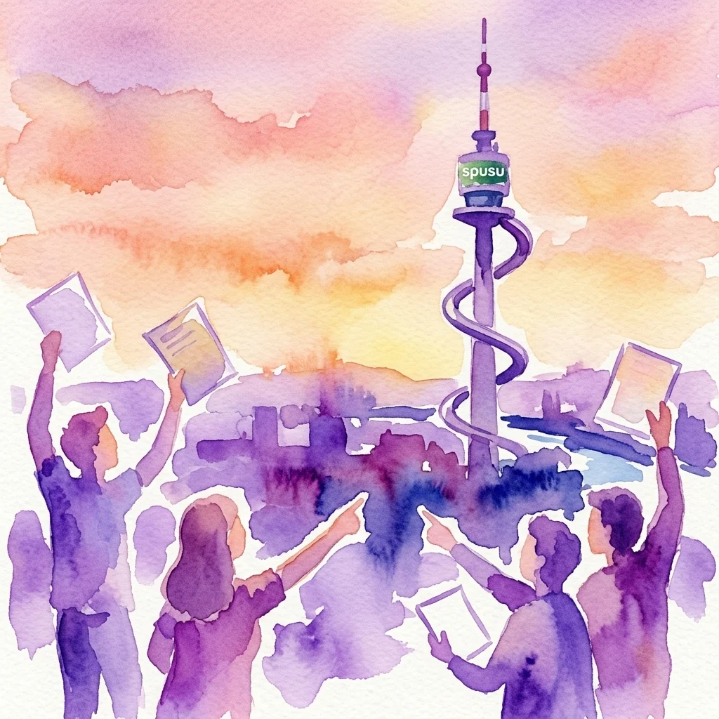 Estudiantes celebrando con sus boletines frente a la Donauturm, una torre alta con un tobogán en espiral, bajo un cielo de atardecer colorido.