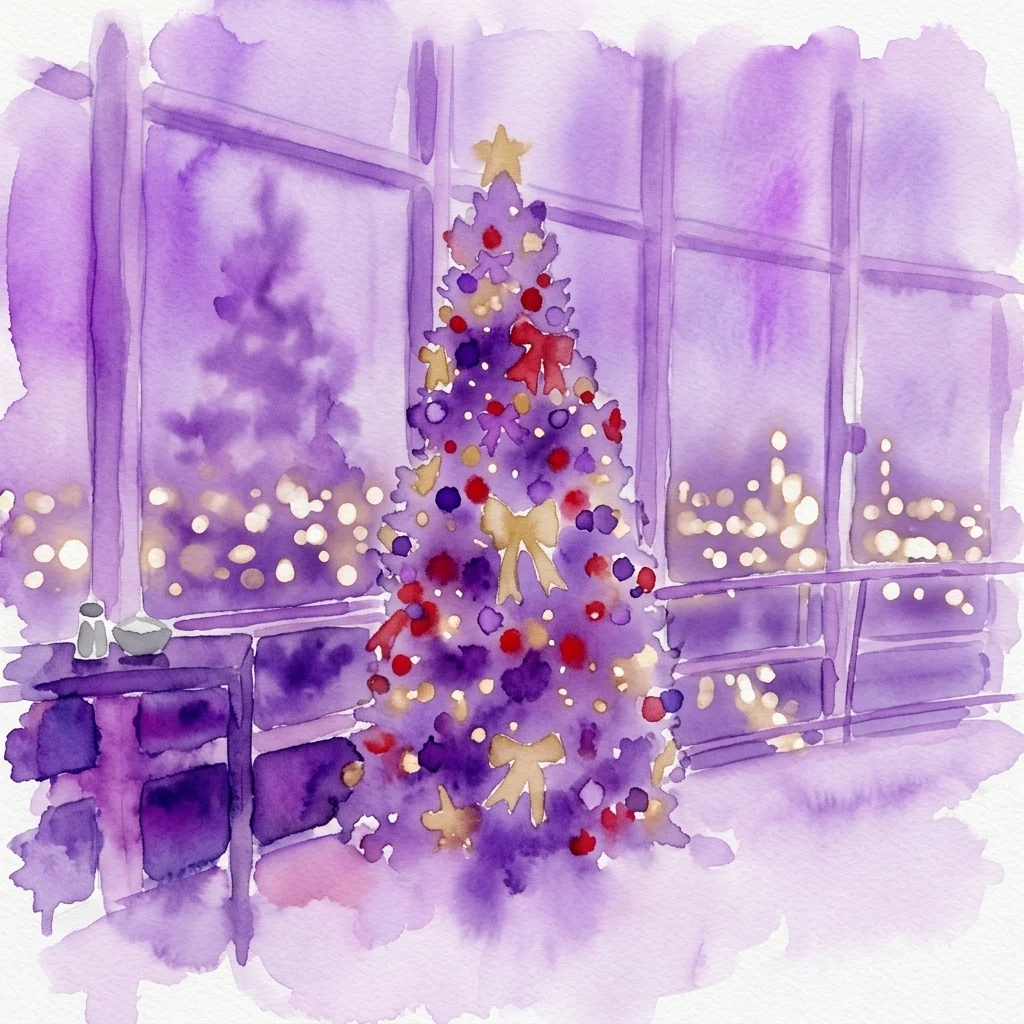 Una ilustración en acuarela de un árbol de Navidad decorado con adornos rojos y dorados, sobre un marco de ventana teñido de púrpura con luces de la ciudad visibles afuera, evocando una atmósfera festiva de vacaciones en interiores.