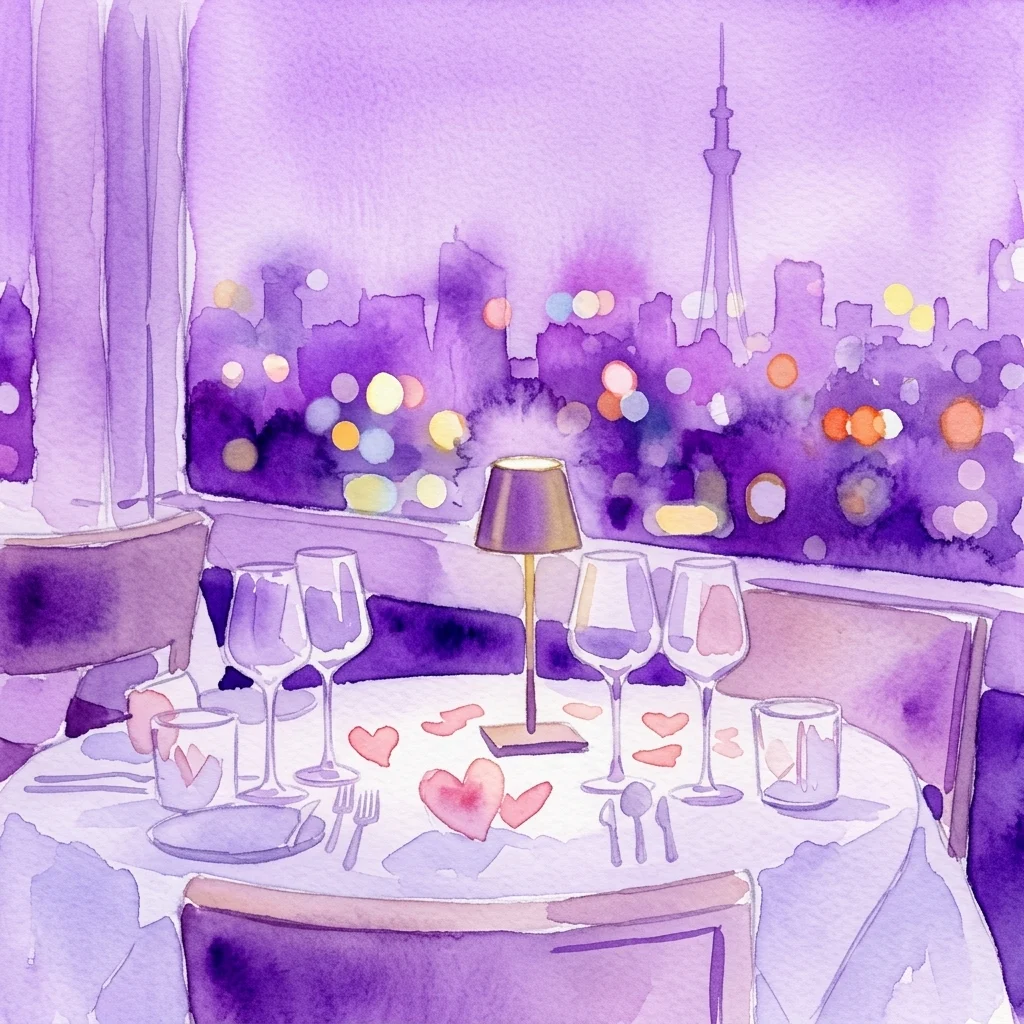 Una mesa romántica para cenar en la Torre del Danubio con decoraciones en forma de corazón, copas de vino y vistas a las luces de la ciudad de Viena por la noche.
