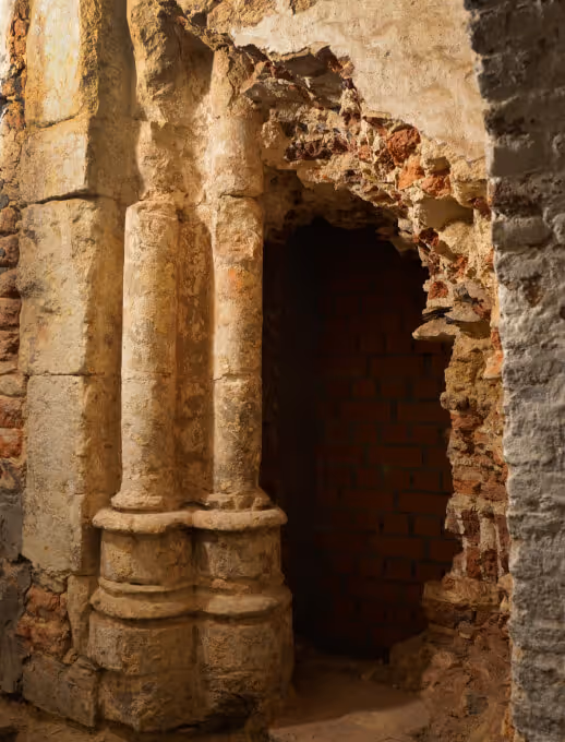 Dos columnas de piedra flanquean una puerta arqueada oscura en un antiguo pasaje subterráneo de ladrillo y piedra