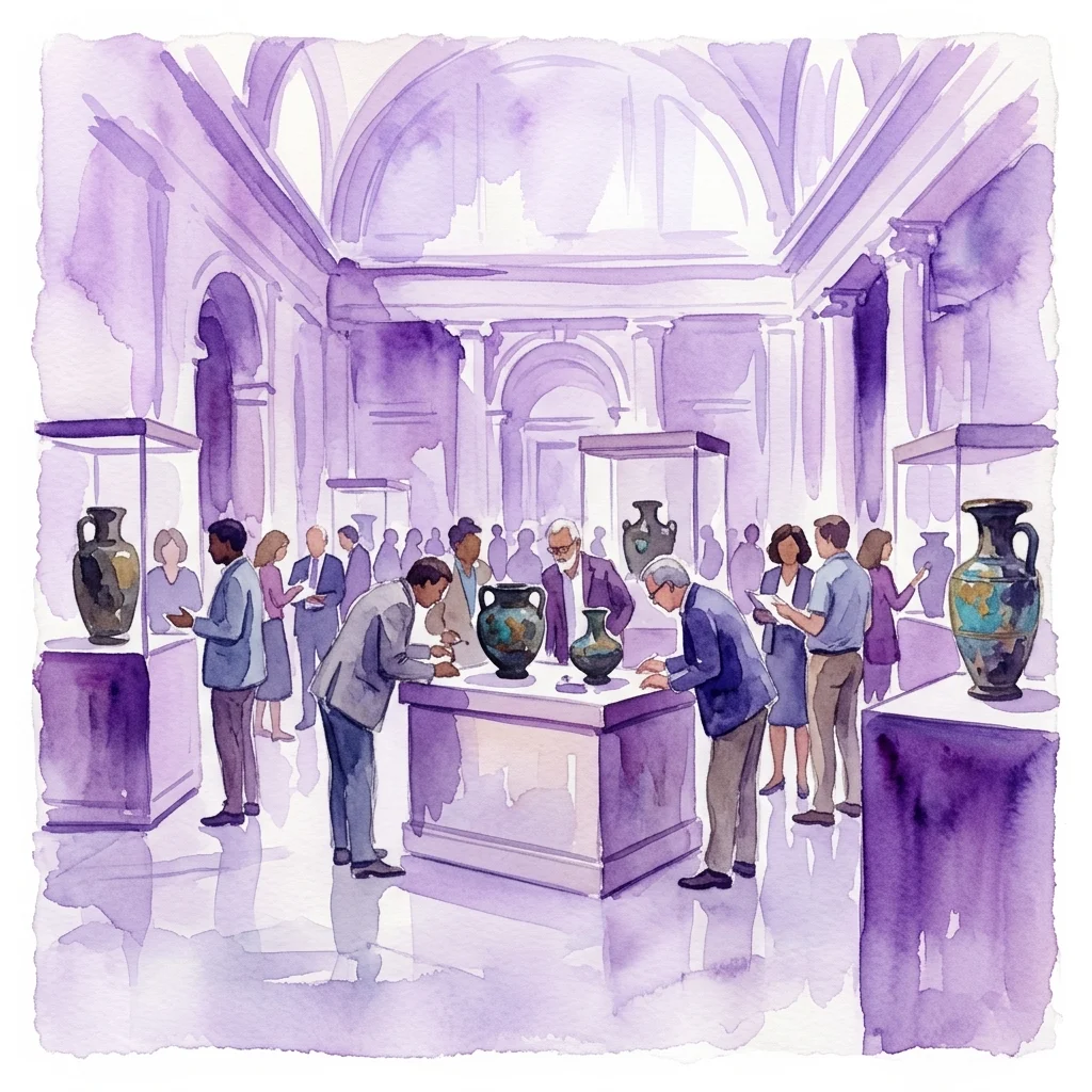 Una ilustración en acuarela de eruditos examinando artefactos antiguos de bronce en un gran salón de museo, representando el 23º Congreso Internacional sobre Bronces Antiguos (IconAB) en el Museo Nacional de Arte Romano de Mérida.
