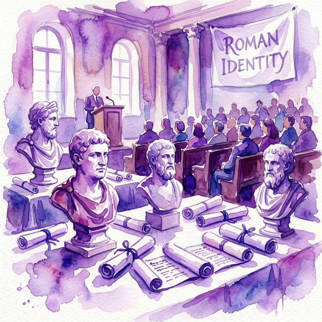 Ilustracja akwarelowa sali wykładowej z rzymskimi marmurowymi popiersiami i zwojami, mówcą przy mównicy i publicznością, pod banerem z napisem 'TOŻSAMOŚĆ RZYMSKA' na letni kurs dotyczący rzymskich narodowości i nacjonalizmów.