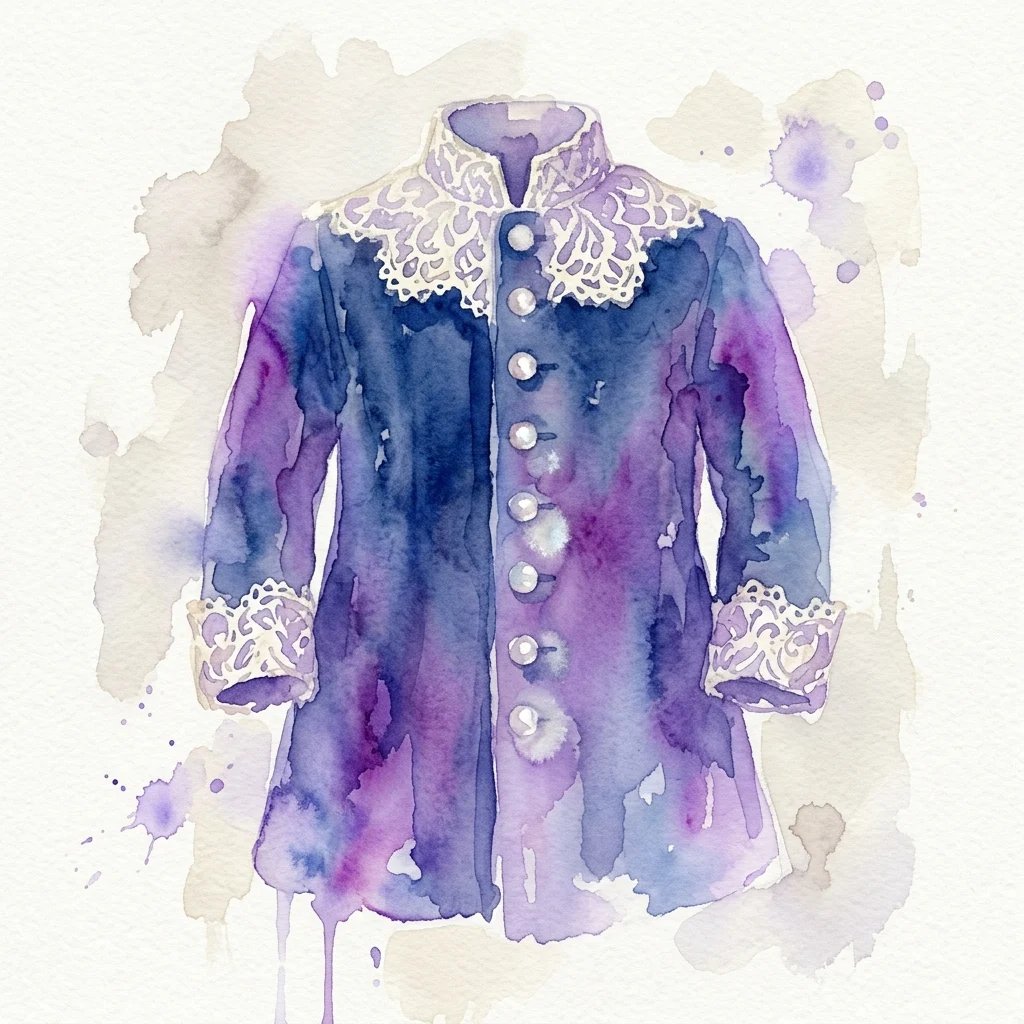 Ilustración en acuarela de un abrigo de niño vintage de 1890, que presenta tonos azules y morados, ribete de encaje blanco en el cuello y los puños, y botones de nácar.