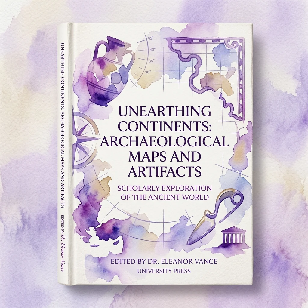 Una portada de libro titulada 'Unearthing Continents: Archaeological Maps and Artifacts' con ilustraciones en acuarela de cerámica antigua, una brújula, un mapa y un edificio clásico, editado por la Dra. Eleanor Vance.