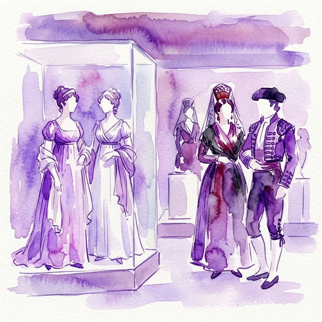 Ilustracja akwarelowa hiszpańskiej mody z XVIII-XIX wieku w muzealnej gablocie, prezentująca suknie w stylu neoklasycystycznym i tradycyjne stroje 'majismo', odzwierciedlająca zmiany kulturowe w latach 1789-1833.