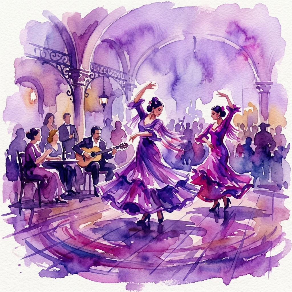 Ilustracja akwarelowa tradycyjnego hiszpańskiego spektaklu zarzuela z tancerzami flamenco w fioletowych sukniach, gitarzystą i publicznością w scenerii historycznego café cantante.