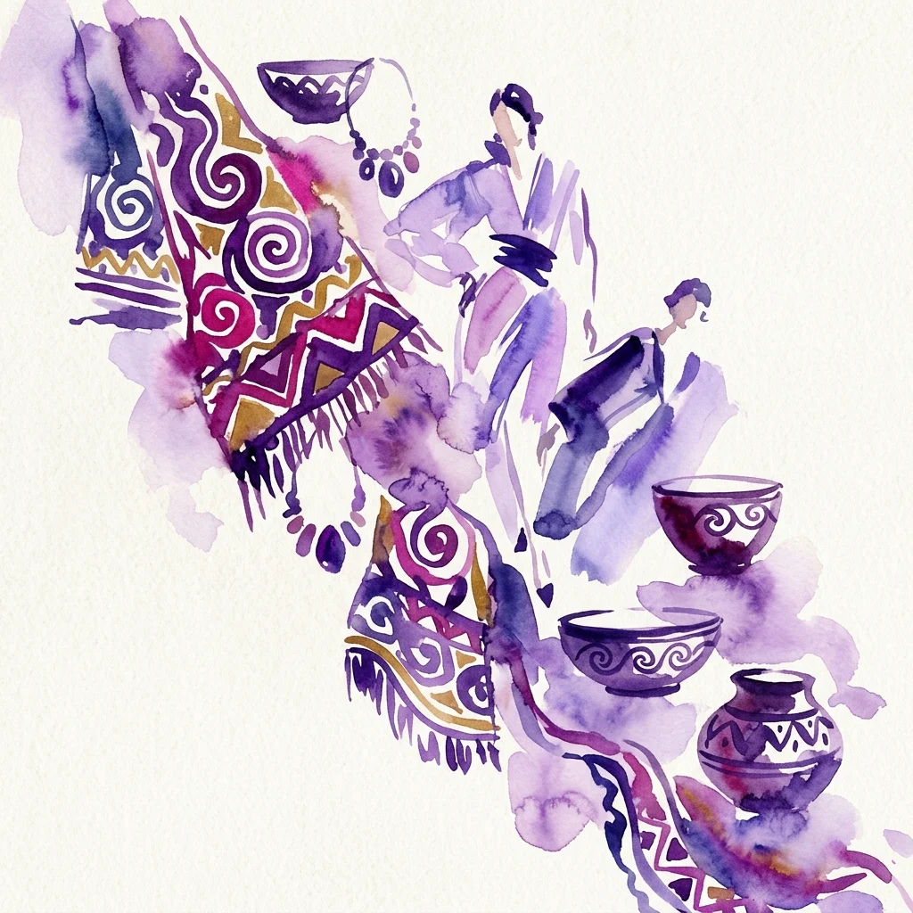 Ilustracja akwarelowa hiszpańskich elementów designu avant-garde, w tym tekstylia ze wzorami, ceramika i ilustracje modowe w kolorach fioletu i złota, odzwierciedlająca twórczość artystek z początku XX wieku.