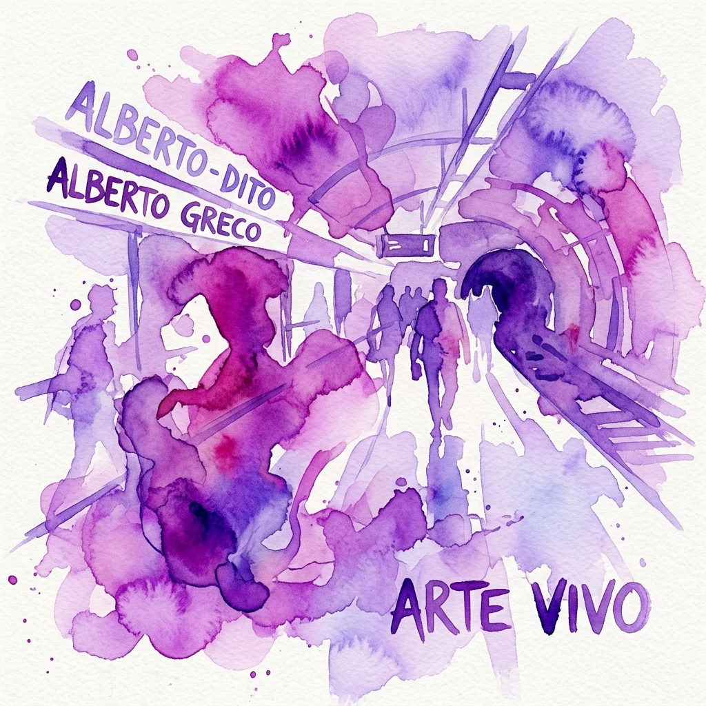Akwarelowe dzieło przedstawiające fioletowe i magenta plamy z sylwetkami ludzi oraz napisy 'ALBERTO-DITO', 'ALBERTO GRECO' i 'ARTE VIVO', reprezentujące wystawę 'Viva el arte vivo'.